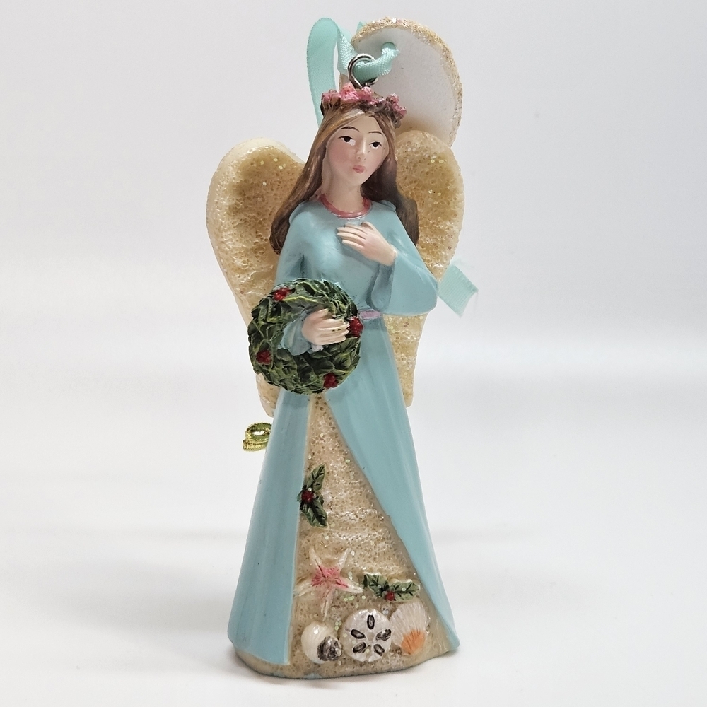 Hand Painted Coastal Ocean Beach Angel Resin Christmas Holiday Ornament Signed